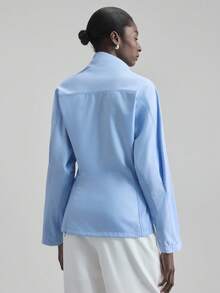 Ontre 女式秋季蓝色蝙蝠袖收腰时尚衬衫，简约时尚都市商务休闲上衣，适合办公室、海岛度假、郊游 - 藍色 - 查看 3