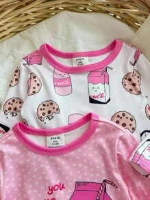 Bộ đồ ngủ dài tay cổ tròn mềm mại và ấm áp họa tiết sữa, bánh quy và sọc cho bé gái - Hồng - Xem 7