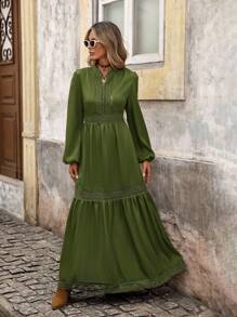Brillora 女式纯色简约长袖休闲连衣裙 - 橄欖綠 - 查看 3