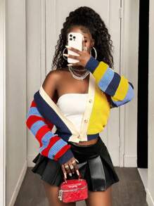 BamGleam 女士条纹拼色字母 V 领纽扣开襟长袖休闲毛衣开衫