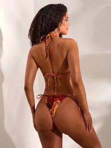 Opulessa 女士简约印花露背上衣和下装泳衣套装 - 紅色 - 查看 2