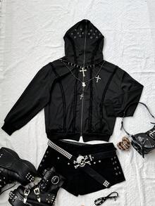 Sunspun 大码女式秋冬开襟连帽夹克，带索环，系带，流苏饰边，复古朋克休闲黑色夹克 - 黑色 - 查看 7