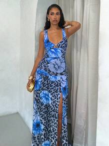 Glamine Vacay Vibes Floral Beach Graphic Print Leopard Floral Pattern Women Long Dress, Stretchy Jersey Fabric, Sexy Elegant Beach Sundress For Summer Holiday--Floral Pattern Random Fall Women Clothes Back To School