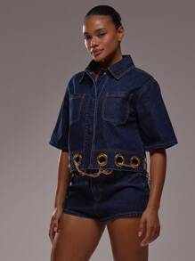 MUSERA 宽松版型镂空下摆短袖牛仔外套，秋季返校季可爱优雅酷女孩性感日常冬季派对休闲装扮时尚春夏 - 中等水洗藍 - 查看 1