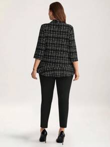 Comfylo 大码女式格子前开式七分袖西装套装 - 黑色 - 查看 2