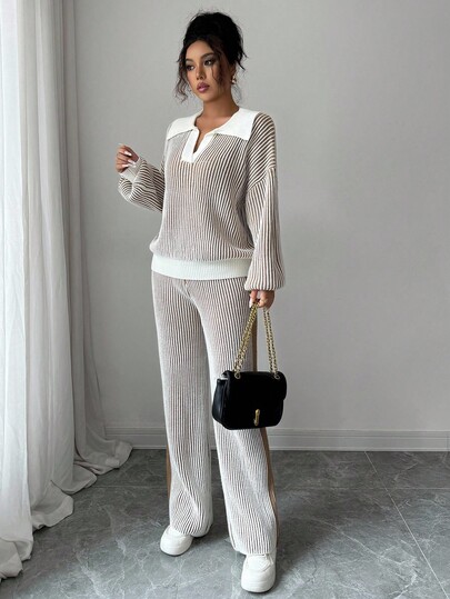 Elenzga 2pcs/Set Women Polo Collar Patchwork Contrast Color Pullover Sweater Top + Long Pants Suit, Autumn/Winter