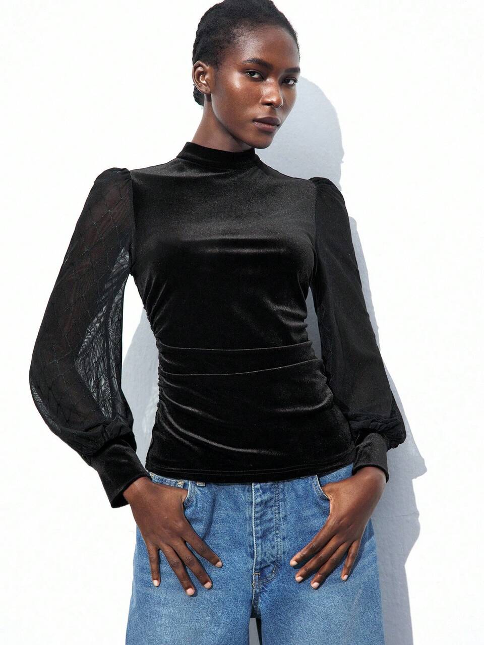 SHEIN Maija Elegant Black Velvet Turtleneck Blouse For Women,Autumn Night Out Mesh Patchwork Raglan Sleeve Fitted Waist Pleated Top Halloween Christmas Clothing
