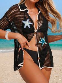 Swim Vcay Suéter de punto informal tipo cubrecosturas con diseño bordado de estrella de mar, estilo vacacional y de playa para mujer. Kimono transparente con recorte en bloques de color, cuello, para natación y vacaciones