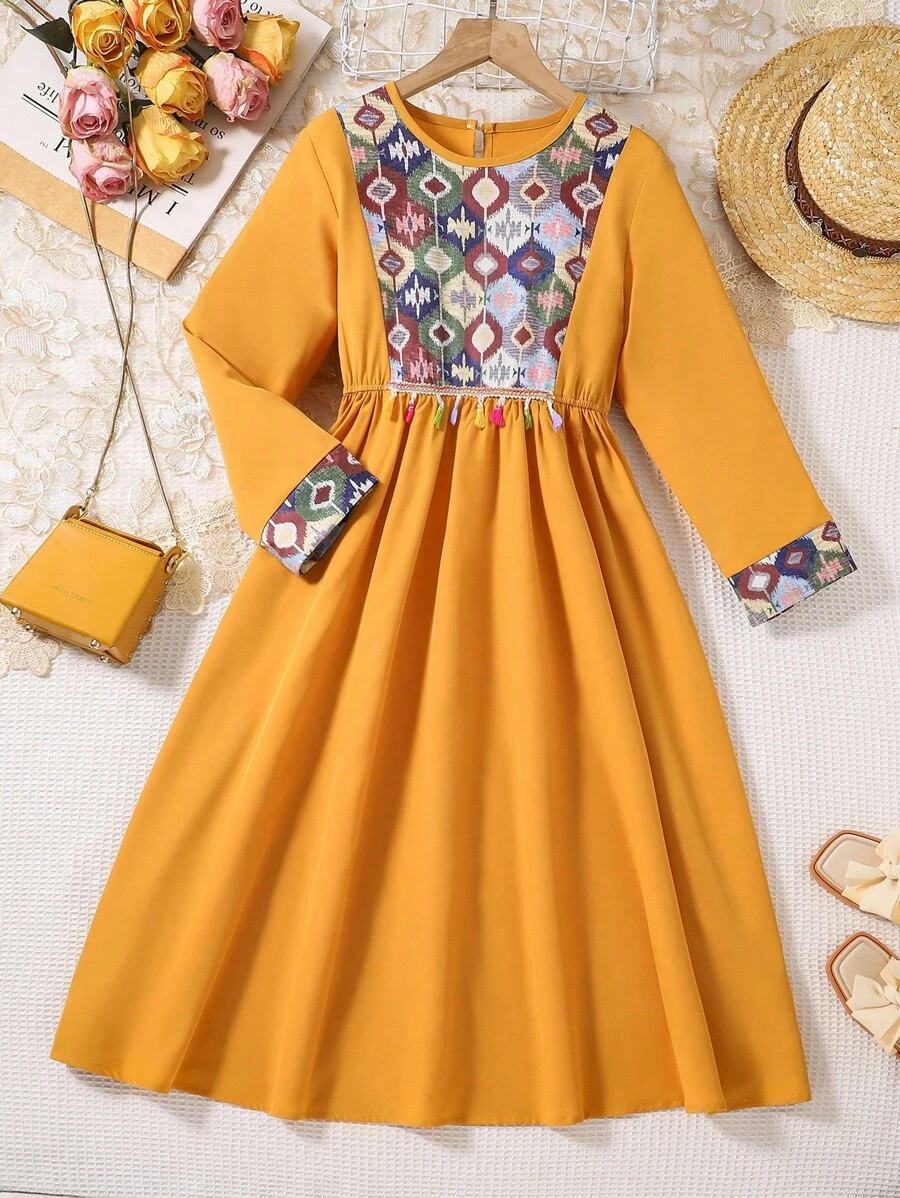 Tween Girls Yellow Geometric Print Patchwork Fringe Dress - Yellow - View 1