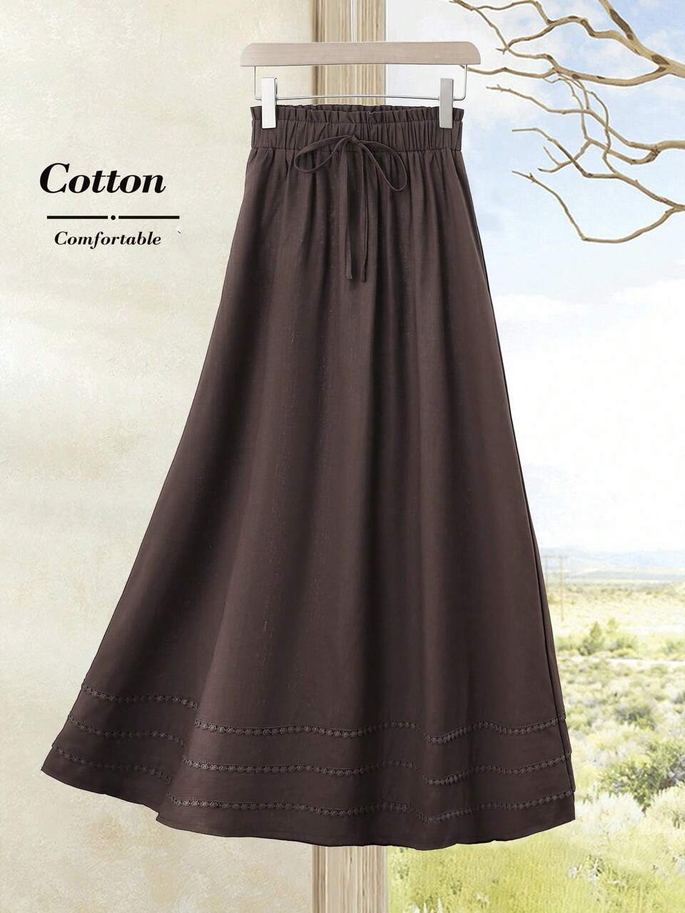 Women's Casual Knotted Linen Skirt Fall Women Clothes Back To School Old Money Style Business Woman Brown Long Cotton Coffee Maxi