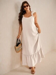 Elaquor Plus Size Casual Floral Lace Strap Loose A-Line Dress,Holiday Outfits For Women - Apricot - View 6