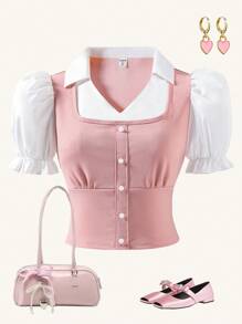 SHEIN Teen Girl's Stylish Pink Puff Sleeve Contrast Splice Shirt, Suitable For Various Occasions Such As Campus Activities, Casual Outings, Dates, Gatherings, Vacations, Etc. And Elegant, Suitable For Weddings And Wedding Guests