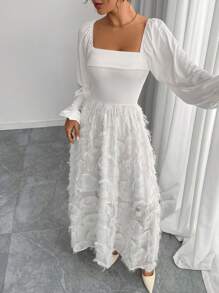 Rafferiza 女式秋季泡泡袖针织拼布提花修身A字连衣裙 - 白色 - 查看 6