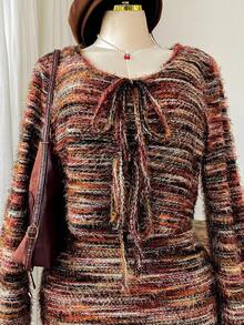 SHEIN EZwear Vintage Boho Style Colorful Striped Knit Spaghetti Strap Maxi Dress And Tie-Up Cardigan Set, Plus Size - Multicolor - View 3