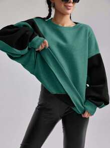 EURMUSE Cotton Colorblock Drop Shoulder Sweatshirt - Mint Green - View 3