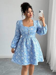 Elenzga Váy dài tay vải jacquard kiểu Pháp thường ngày cỡ lớn dành cho nữ, mặc dự tiệc - Màu xanh lam - Xem 4