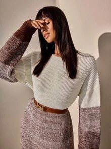 CLARA VERO 拼色落肩毛衣，长袖毛衣裙 - 奶油色 - 查看 6