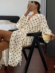 Livesso Heart Pattern Allover Print Long Sleeve Casual Bathrobe With Waist Belt Pajama, Fall, Winter - Black and White - View 1