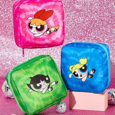THE POWERPUFF GIRLS X SHEIN 1pc Polyester Pattern Storage Bag, Can Be Used As Sanitary Napkin Holder, Electronics Organizer, Small Items Pouch, Bubbles, Blossom, Buttercup, Friendship, Love,Y2K