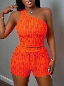 Slaydiva Set de 2 piezas Nuevo conjunto informal de vacaciones con top asimétrico ajustado y shorts de textura para mujer talla grande, primavera/verano, conjunto de 2 piezas de verano - Naranja - Ver 4