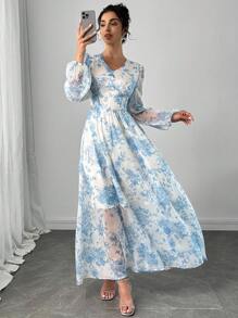 Modelyn 女式花卉印花V领灯笼袖优雅连衣裙 - 藍色 - 查看 6