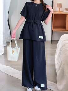 SHEIN Long Striped Teen Girls Co-Ords In Royal Blue With Comfortable Fit And Classic Round Neck Two Piece Set Pants And Top Set Preppy Two Piece Set Linen Two Piece Set Wide Leg Pants And Top Set Wide Leg Pants Set