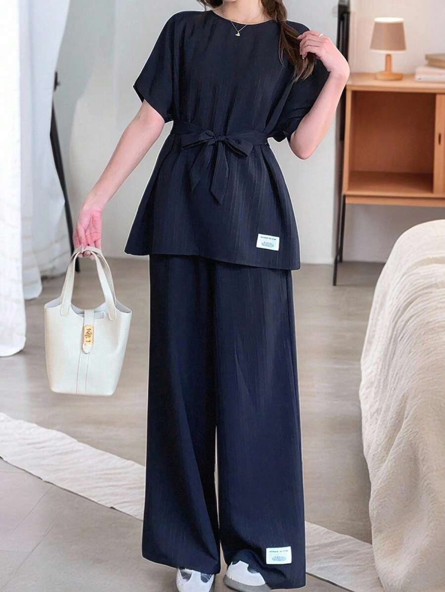 SHEIN Long Striped Teen Girls Co-Ords In Royal Blue With Comfortable Fit And Classic Round Neck Two Piece Set Pants And Top Set Preppy Two Piece Set Linen Two Piece Set Wide Leg Pants And Top Set Wide Leg Pants Set