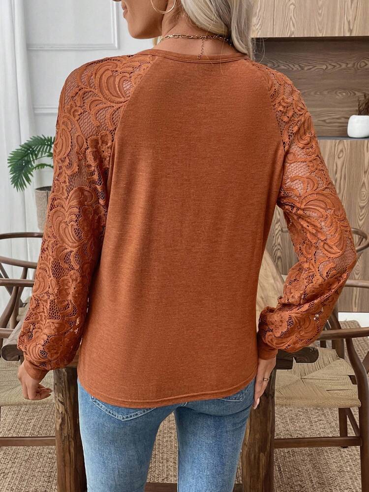 Women's Contrast Lace Raglan Sleeve Button Half Placket Casual Sweatshirt Burnt Orange Top Lace Long Sleeve Top Brown Lace Top Brown Long Sleeve Top Rust Brown Top Halloween Clothes Sweatshirts For Women Fall Clothes For Women Sudadera Halloween Costumes,