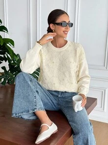 SHEIN Frenchy 秋冬新款珠饰拼布圆领毛衣 - 杏色 - 查看 1