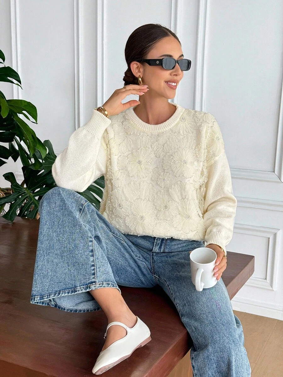 SHEIN Frenchy 秋冬新款珠饰拼布圆领毛衣 - 杏色 - 查看 1
