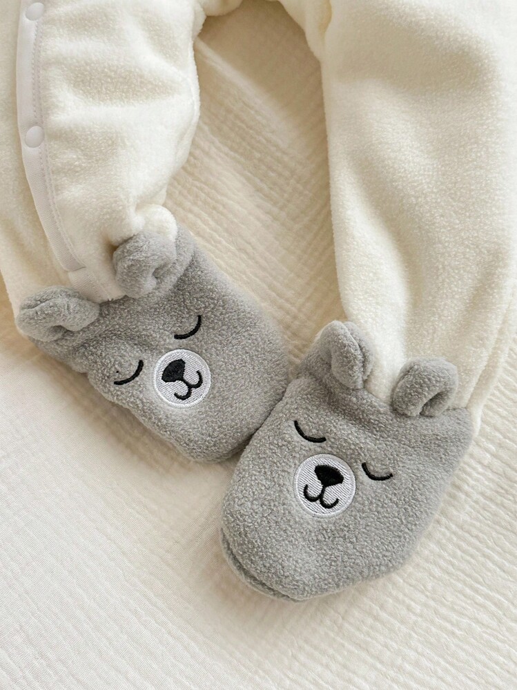 SHEIN Newborn Baby Boy Autumn/Winter Cute Cartoon Embroidery 3D Ear Snap Front Cozy Plush Fleece Footed Romper Jumpsuit Outfit - White - View 3