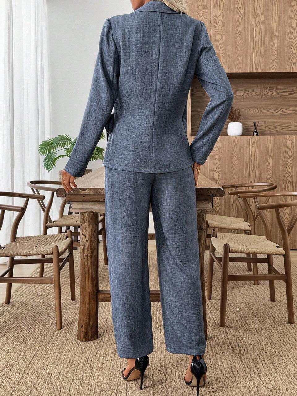 Women's Solid Color Tie-Waist Wrap Jacket And Pants Suit Set,Dusty Blue Summer Business Casual Office Work Outfits,Fall Teacher Clothes Blazers