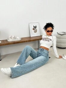 EURMUSE Gerade geschnittene Jeans im Lässig-Stil mit hoher Taille - Mittele Waschung - Übersicht 3