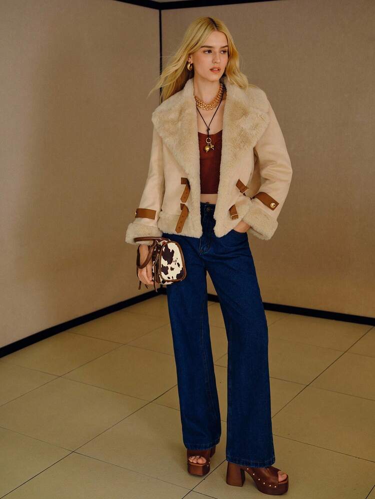 CHIC FAUX FUR COLOR BLOCK LAPEL SHORT COAT, AUTUMN/WINTER