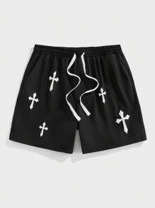 EASEVO Men Plus Size Printed Drawstring Black Casual Shorts, Emo - Black - View 1