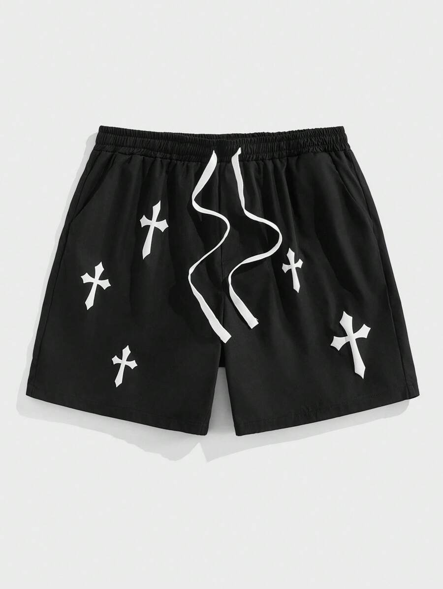 EASEVO Men Plus Size Printed Drawstring Black Casual Shorts, Emo - Black - View 1