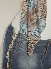 SHEIN ICON 复古豹纹露背挂脖无袖上衣，侧开衩下摆