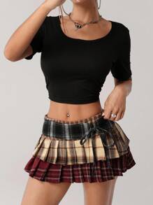 SHEIN ICON 女式蝴蝶结装饰多层格子拼接超低腰百褶迷你裙 - 彩色 - 查看 6