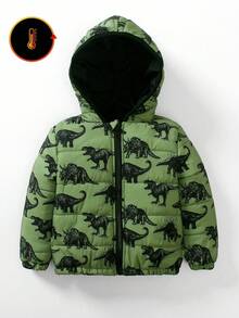 1pc Young Boy's Thick Dinosaur Print Casual Long Sleeve Cotton Jacket, Suitable For Daily Wear, Commuting, School, Autumn/Winter, Outdoor Activities Fall