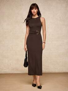 House of One Old Money Solid Brown Textured Knit Sleeveless Overlap Fitted Midi Dress Women Casual Autumn Outfits Brown Midi Dress Brown Dress Women Casual Old Money Fall Women Clothes Brown Dress Coffee Brown Dress Brown Buckle Dress Fall Outfits Business Professional Women Business Casual Woman