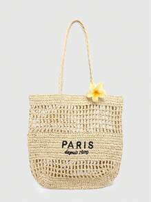 ROMWE Fairycore Women's Floral Hair Clip, Embroidered Letter Straw Tote Bag, Large Capacity Beach Bag, Suitable For Vacation And Shopping