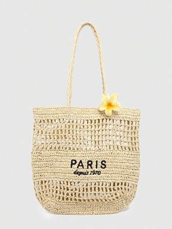 Fairycore Pinza para el cabello con flores para mujer, bolso de playa de paja con bordado de letras, bolso de gran capacidad, adecuado para vacaciones y compras