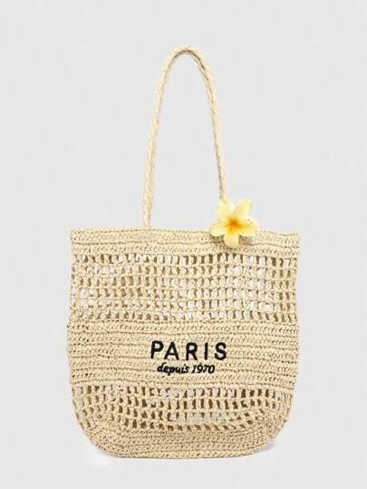 Fairycore Pinza para el cabello con flores para mujer, bolso de playa de paja con bordado de letras, bolso de gran capacidad, adecuado para vacaciones y compras