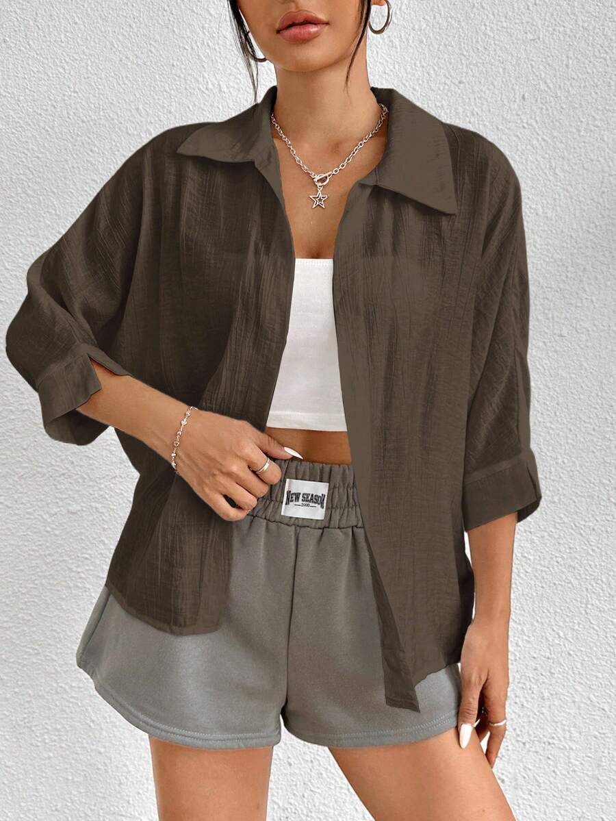 SHEIN PETITE Brown Blouse Loose Shirt - Brown - View 1