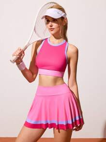CourtClass 女式网球户外健身拼色运动文胸、带手机口袋的运动短裙、运动套装 - 粉色 - 查看 5