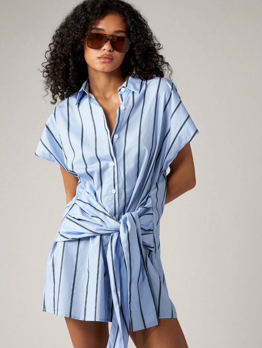 AiiRZ Vestido camisero corto de rayas casual con botones, nudo lateral, manga corta, cuello, para verano, primavera, vacaciones, playa, resort, de algodón