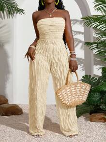 Slaydiva 2025 Summer New Arrival, Music Festival, Wedding Season, Easter, Western Style, Nomadic Style, St. Patrick's Day, Birthday Party, Graduation Season, Student Wear, Daily Casual, Leisure, Vacation, Cruise Travel, Beach, Sunbathing, Fashionable, Texture, Strapless, Yellow, Plus Size Women Jumpsuit Ruffle Jumpsuit Women Jumpsuit Summer Jumpsuit Vacation Outfit Tube Top Jumpsuit - Apricot - View 3