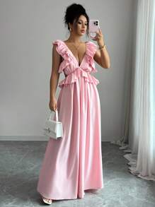 Elenzga Women Sexy Solid Deep V-Neck Tie Backless Layered Ruffle Trim Long Dress Fall Cloth For Women - Pink - View 7