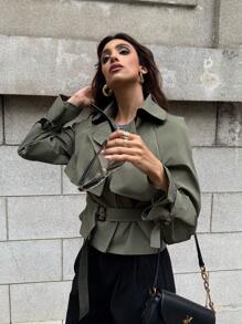 Firerie Elegante abrigo de trinchera de mujer de manga larga de doble botonadura con cintura ceñida y largo cropped, para uso casual, oficina y commuting, en color verde, para otoño - Verde - Ver 2