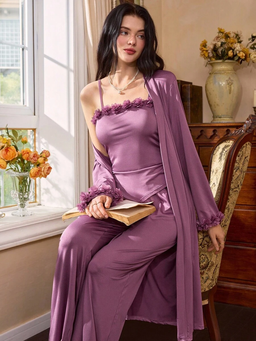 3 件套女士优雅蕾丝边休闲紫色睡衣三件套，秋季服装 - 藕粉色 - 查看 1